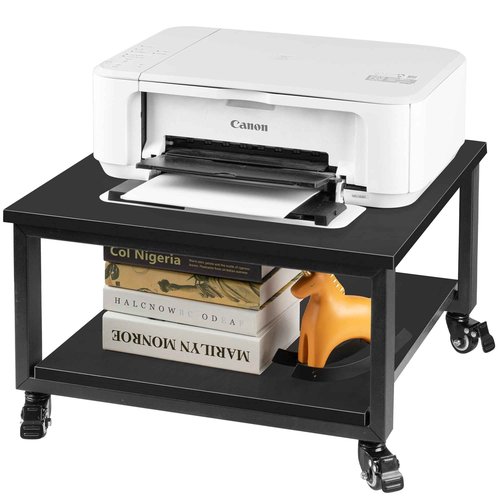 Cakokow Under Desk Printer Stand - 2-Tier Industrial Mobile Printer Table with Storage Shelf, 19.7''x19.7''x12.6'' Heavy Duty Wood Rolling Printer Cart with Wheels for Home and Office,Classic Black