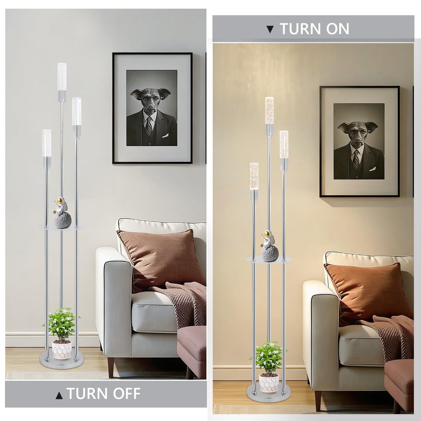 Stepeak Bubble Crystal Floor Lamp with Shelves, 3 Lights Modern Standing Lamps for Living Room, Built-in LED Lights, Foot Switch, Industrial Tall Corner Floor Lamp for Bedroom Home Office, Silver