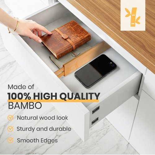 Palok Kisna Adjustable Bamboo Drawer Dividers, Drawer Organizer for Kitchen, Bedroom, Bathroom, Office Desk, Dresser Nursery & Silverware, Natural Wooden Separators with Soft Foam Ends, Expandable