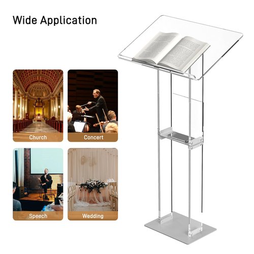 HMYHUM Acrylic Podium Stand, Clear Lecterns & Pulpits for Classroom, Weddings, Churches, Speech, with Storage Shelf, Metal Base, 23.6" L x 15.7" W x 46.1" H, Modern