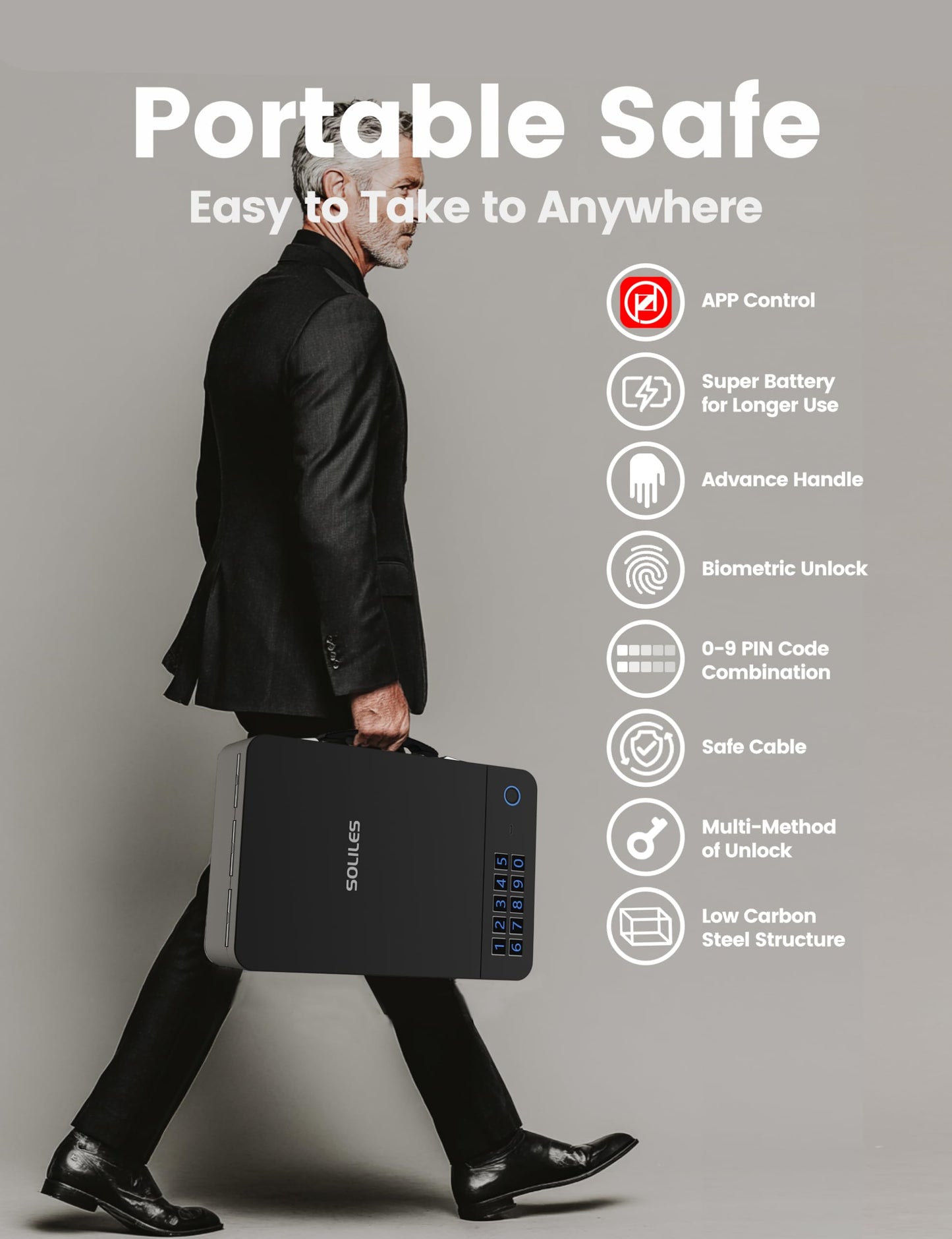SOLILES Biometric Gun Safe - 4-Way Unlock (APP/Fingerprint/PIN/Key) - 2000mAh Rechargeable - 100 Fingerprint Memory - Patented Lock Core - Silent Operation