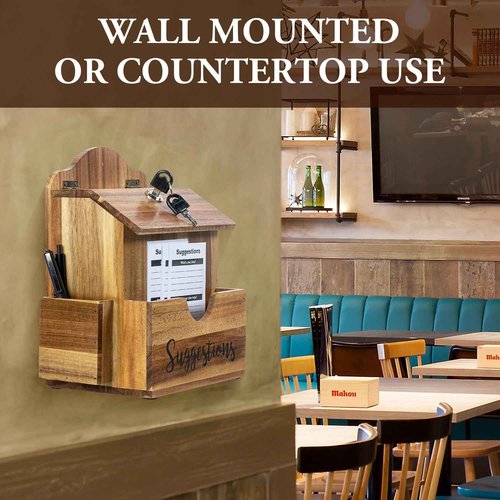 MyGift Premium Solid Acacia Wood Suggestion Box, Wall Mountable Feedback Collector with Black Cursive "Suggestions" Lettering, Comment Card Slot, Pen Holder, Top Lock and Keys