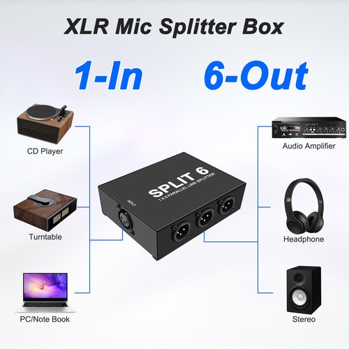 XMSJSIY XLR Splitter Mic Splitter Box 1-IN-6-OUT/6-IN-1-OUT 1 Female to 6 Male XLR Converter 6 Channel Mic Parallel Line Selector Connector for Professional Audio Recording - 1 PCS