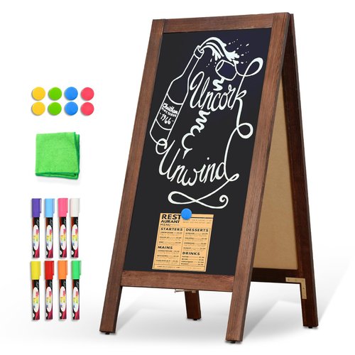 DOLLAR BOSS A Frame Chalkboard Sign 40'' x 20'' Double-Sided Magnetic Sildwalk Sandwich Board Rustic Pine Wood Frame Menu Board for Outdoor, Café, Wedding, Business with 8 Markers, Brown