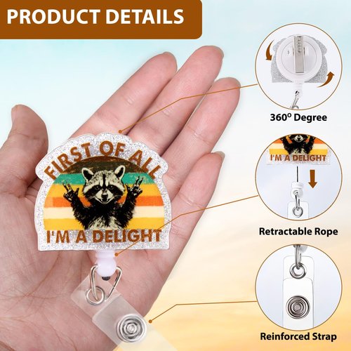 Raccoon Nurse Badge Reel, Cute Nurse Week Gifts for Healthcare Workers, First of All I’m a Delight Funny Badge Reels for CNA, Teachers, Students, Women Cute Retractable Alligator Clip ID Holder