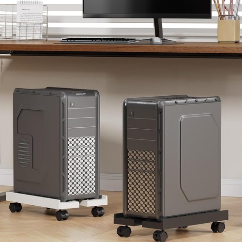 Skiennix Adjustable Mobile CPU Stand - Ventilated Computer Tower Holder with 4 Caster Wheels | Fits Most PC Towers (White)