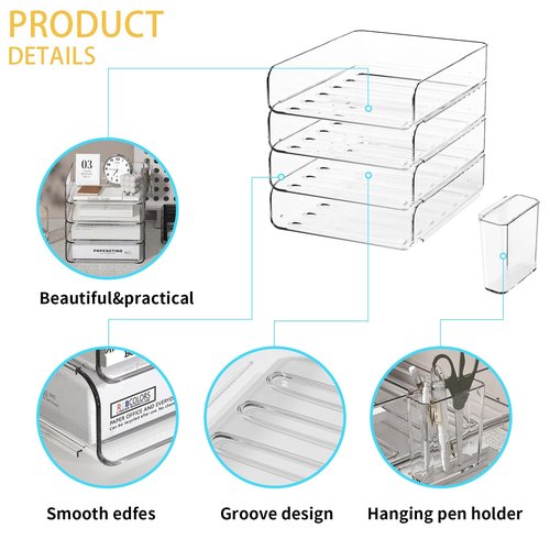 FANXIYQ 4-Tier Acrylic Paper Tray Organizer with Pen Holder | Clear Stackable Desk Organizer for Documents, Letters, A4 Paper | Modern Office/Classroom/Home Organization