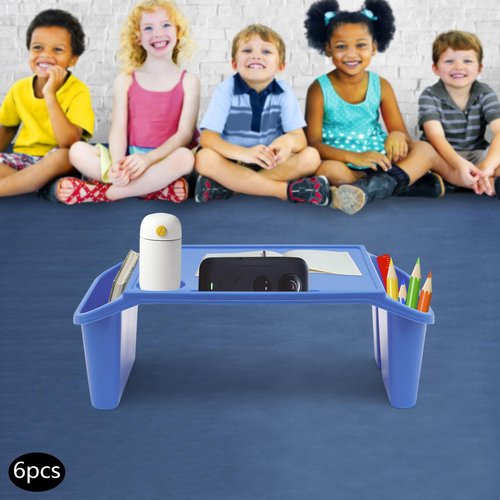 6 Pcs Kids Lap Desk Trays, Plastic Breakfast Laptop Trays with Side Pockets and Phone Slots, Portable Lap Bed Table, Breakfast Trays Serving Tray for Writing Eating Boy Girl, 19.69*9.84*7.1in (Blue)