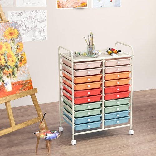 COSTWAY 20-Drawer Rolling Storage Cart, Multipurpose Storage Trolley on Wheels for Home Office, School, Macaron