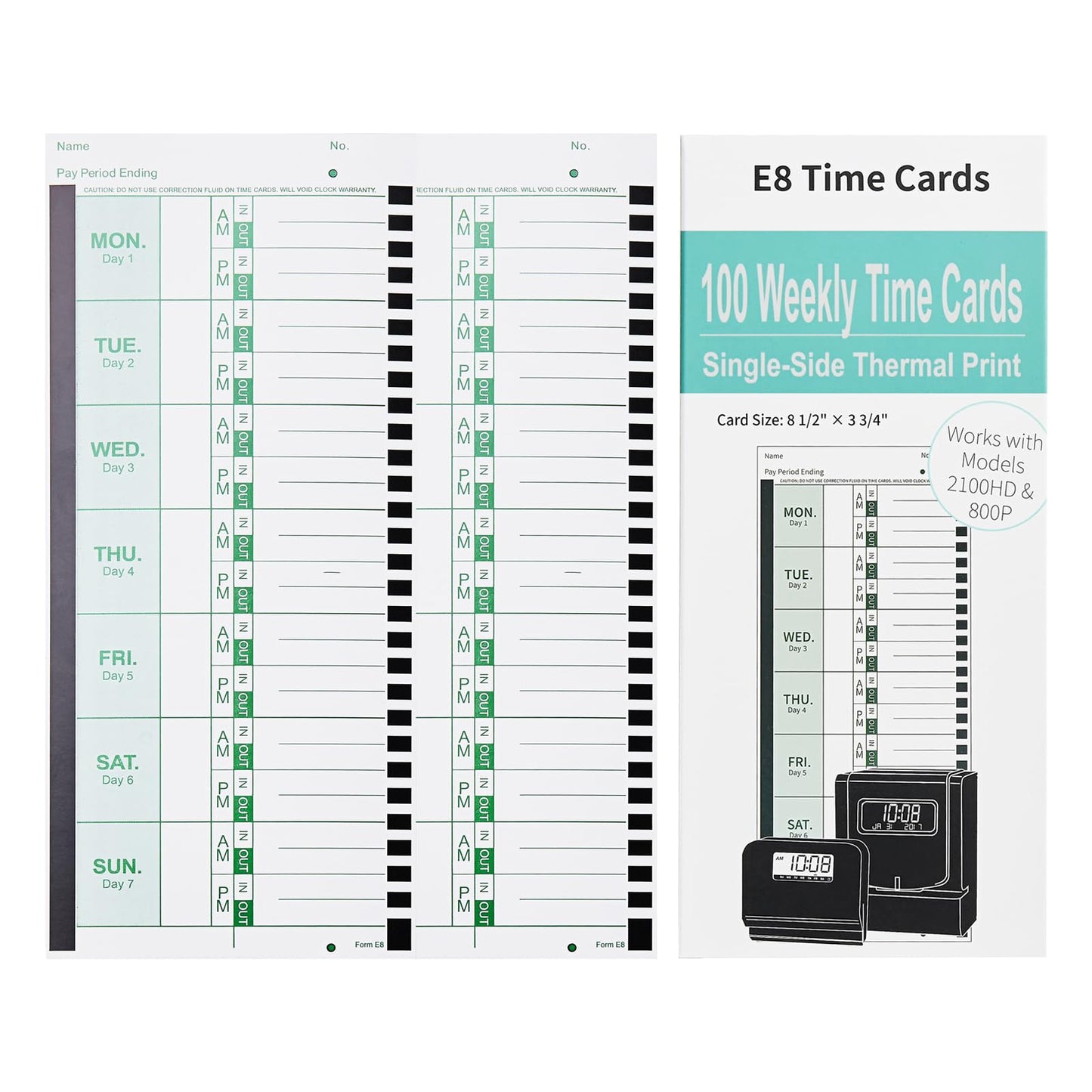 300 E8 Thermal Time Cards, Compatible with Lathem 2100HD & 800P Time Clocks Single-Sided with Named Days E8 Thermal Print Timesheets