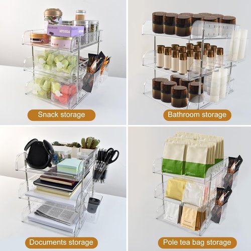 3 Tier Desktop File Organizer, Acrylic Clear Stackable Desktop Paper Organizer Letter Tray Shelf with Pen Holder, Pegboard Shelf Office Organizer for File Paper, Letter, A4 Office File, Books, Notes
