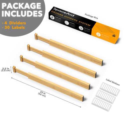 SpaceAid 4 Pack Bamboo Drawer Dividers with Labels, Kitchen Adjustable Drawer Organizers, Expandable Organization for Home Clothes Dressers (17-22 in, Natural)