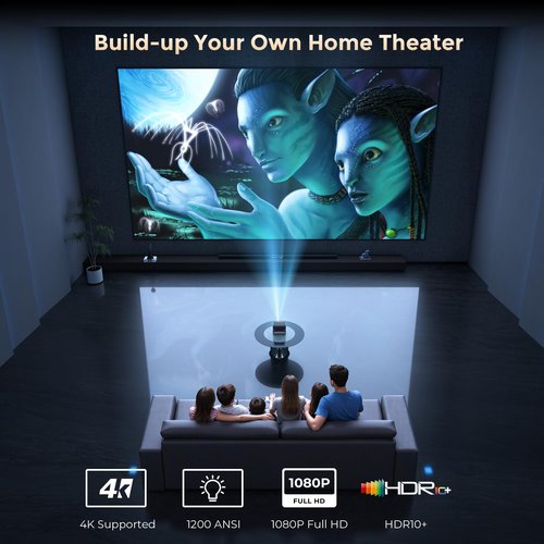 GooDee Smart Viedo Projector with WiFi and Bluetooth,1200ANSI / Dolby Audio / Auto Focus & Keystone Portable Projector, 4K Decode & 1080P Native for Home Theather