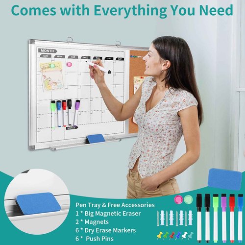Magnetic Dry Erase Calendar Whiteboard Corkboard Combo, 36 x 24 Inch Monthly Calendar Whiteboard Bulletin Corkboard for Wall, Aluminum Frame with Dry Erase Markers, Magnets, Push Pins (36 x 24 Inch)