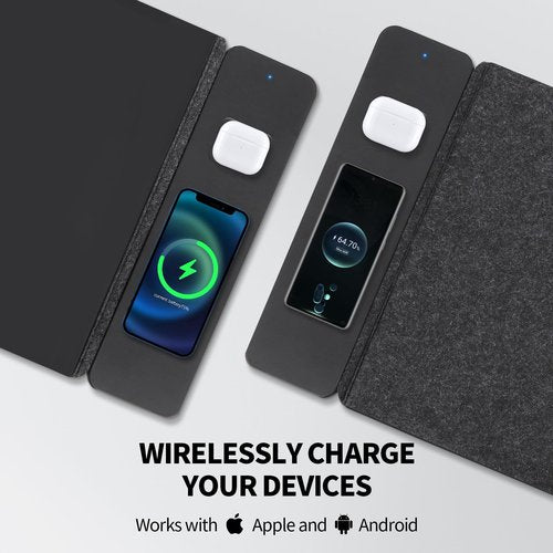 Wireless Charging Mouse Pad,Dual Fast Charger, Reversible Felt & PU Leather Desk Mat, for Office & Gaming, Large Surface, iPhone & Android Compatible – Black