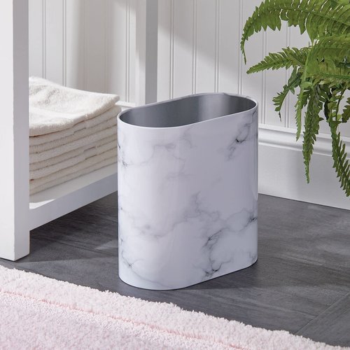 mDesign Slim Pill-Shaped Metal 1.98 Gallon/7 Liter Recycle Trash Can Wastebasket, Garbage Container Bin for Bathrooms, Kitchen, Bedroom, Office, Durable Stainless Steel, Mirri Collection, White Marble