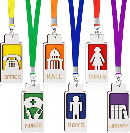 Sabary Hall Pass Lanyards - 6 Sets of Wooden Passes for Classrooms | Assorted Colors, Ideal Teacher Supplies