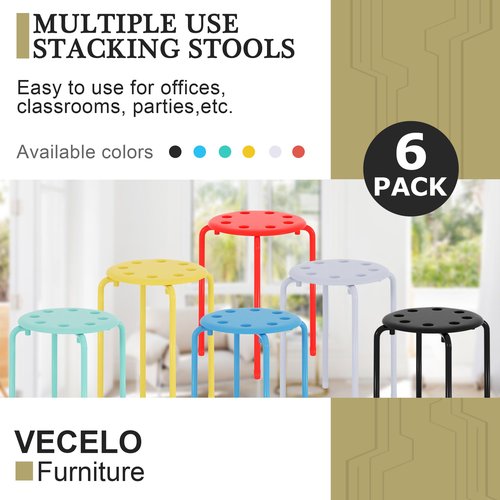 VECELO Stacking Stools Set of 6, 17.7 Inch Standard Height, Portable Plastic Colourful Decoration Stools for School Classroom and Office, No Assembly Required, Yellow