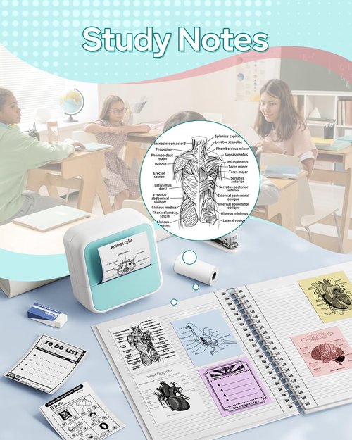 HiHTV Sticker Printer - Mini Sticker Maker Machine with 3 Roll Tapes, Classroom Must Haves Bluetooth Portable Inkless Printpods Pocket Printer for Kids Study Notes, Anatomical Diagrams, Photos, Gift