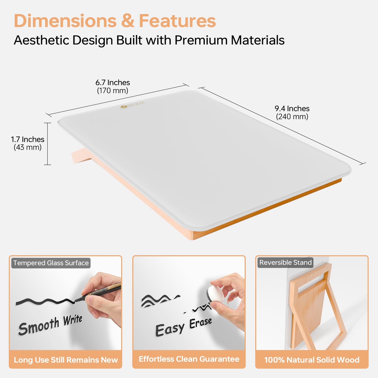 Yeoux Desktop Glass Whiteboard with Reversible Wood Stand 9.5"x6.7"