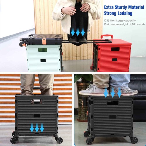 Quick Utility Cart Folding Portable Rolling Crate Handcart with Lid with Durable Heavy Duty Plastic Telescoping Handle Collapsible 4 Rotate Wheels for Travel Shopping Moving Luggage Office Use-Green