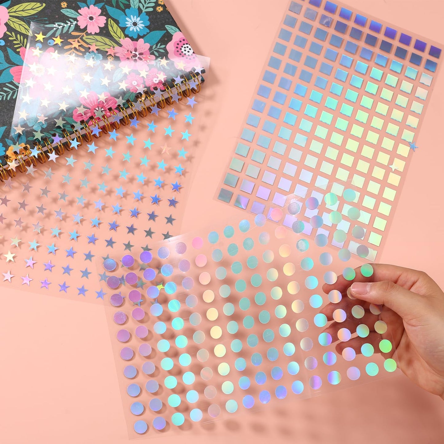 1824pcs Holographic Self-Adhesive Sticker for Crafts, Round Star Square Love Flower Shaped Mini Foil Stickers for Reward at School Classroom (Holographic Color)
