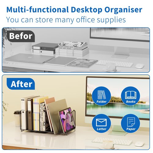 Simple Trending Mesh Desktop File Sorter Organizer, 7 Section Bookshelf For Desk Home Office, Black