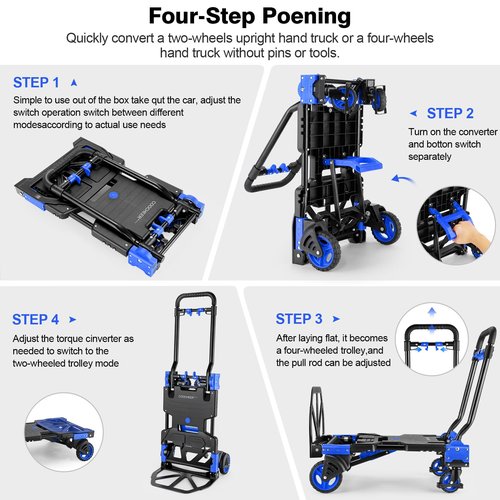 330LB Folding Hand Truck Moving Dolly, Hand Trucks Heavy Duty Combination of 4 Wheels and 2 Wheels Convertible Dolly Cart with Retractable Handle Dolly for Moving Office Carts(Blue)