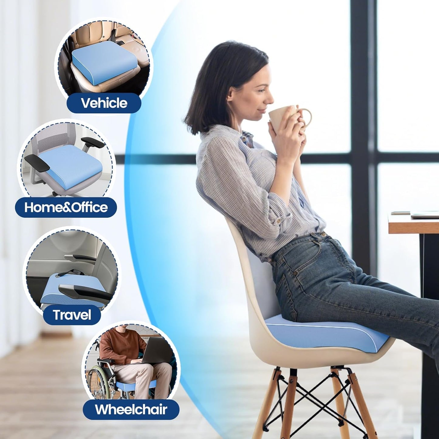 SweetSlubr Memory Foam Seat Cushion - Tailbone Pain Relief & Non-Slip Cover | Light Blue, 2X-Large