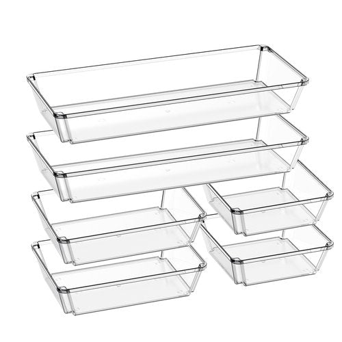JOLLYIN 6 Pack Large Clear Plastic Drawer Organizer Trays, Desk Drawer Organizers and Storage Dividers, Non-Slip Storage Bins for Jewelry, Snacks, Office, Bathroom, Bedroom and Kitchen