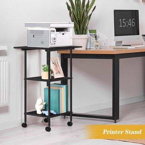 Luplom Black Modern Printer Stand with Storage 3 Tier Rolling Cart, Large Printer Table for Home Office, Multi-Level Storage, Compatible with Printers, Scanners, Office Supplies