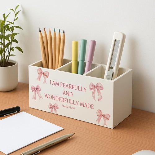 FISWAFY Pink Coquette Bow Christian Pen Pencil Holder for Desk, Christian Gifts for Women, Psalm 139:14 Bible Scripture Makeup Brush Toothbrush Holder for Vanity Girly Bedroom Bathroom