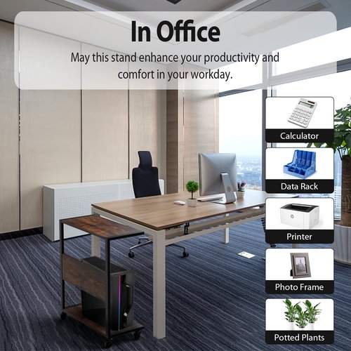 360Tronics Computer Tower Stand, 2-Tier Large ATX-Case Sotrage CPU Holder Cart Under Desk, C-Shape Tall Trolley for PC Tower, Wooden Mobile PC Standing Table with Wheels for Home/Office, Walnut