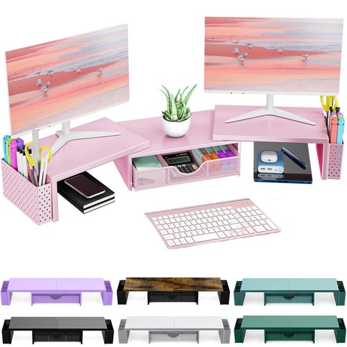 Spacrea Metal Desk Organizers and Accessories, Dual Monitor Stand Riser with Drawer and 2 Pen Holders, Desk Accessories & Workspace Desktop Organizers for Office Supplies (Pink)
