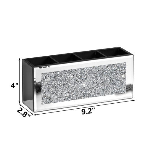blingworld Mirrored Pen Holder 4 Compartments, Crushed Diamond Pencil Holder for Desk Glass Pen Organizer Cup for Countertop Accessory Storage, Silver