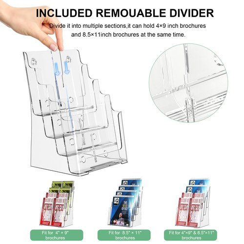 zavekia 4 Tier Acrylic Brochure Holder 8.5 x 11 inch, Clear Literature Organizer Magazine Stand with 4 Pack Separate Removable Divider for 4 x 9 inch Brochures,Magazine Holder,Flyer Holder