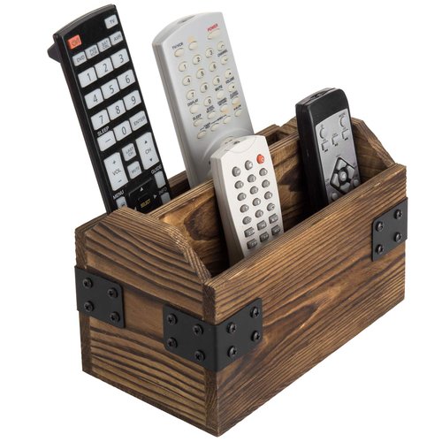 MyGift Rustic Burnt Wood TV Remote Control Organizer Holder Storage Caddy for Table with 2 Compartments and Decorative Black Metal Wrap Accents
