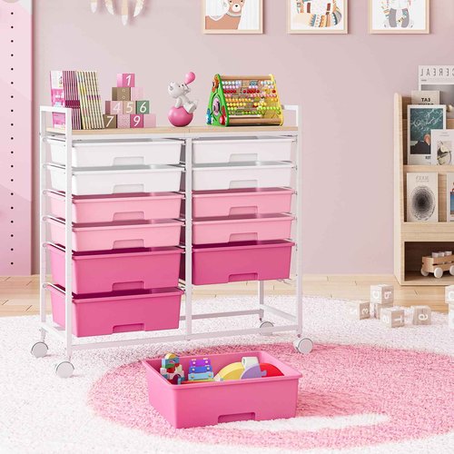 Rolling Storage Cart with 12 Drawers, Wooden Tabletop Utility Cart for Craft Storage, Art Supply Storage & Home Office Organization, Teacher Cart with Wheels for Classroom, School (Pink)