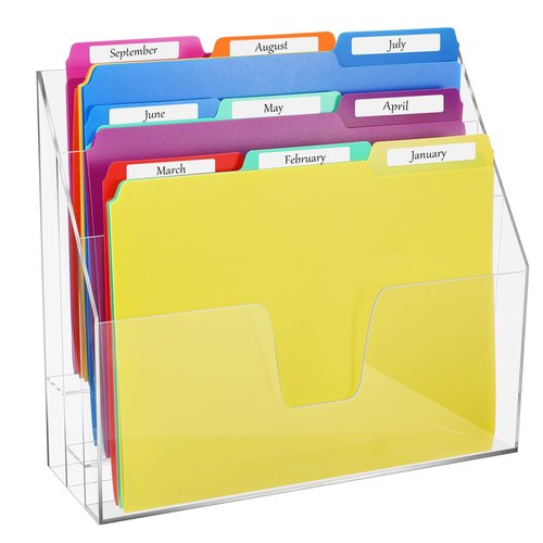 Estune 12 Pack File Folders with Acrylic Vertical Holder Organizer, 1/3 Cut Tab with Folder Letter Size and Labels Horizontal Triple Clear File Paper Desktop Storage Box for Office Desk