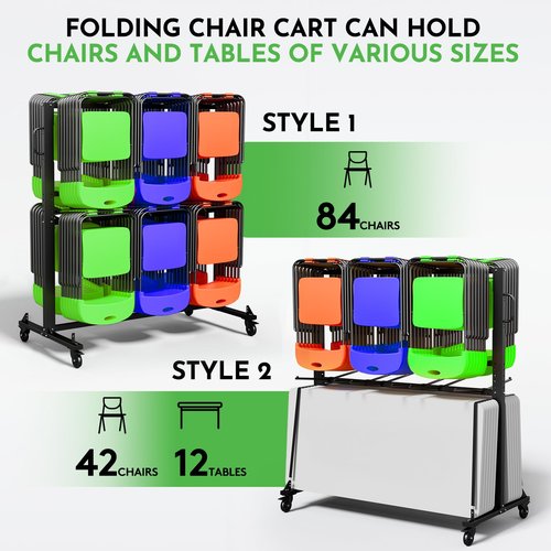 Folding Chair Rack Cart Chair Storage - Heavy-Duty 1100LB Capacity Holder for 84 Folding Chairs or 42 Chairs & 12 Tables - Includes Weatherproof Cover, Elastic Straps, Locking Wheels