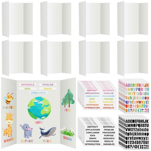 Teling 40 Pcs Trifold Poster Board 36" x 48" Large Science Fair Display Board Lightweight Fold Presentation Paperboard 8 Trifold Display Paperboard and 16 Letter Stickers and 16 Pcs Science Titles
