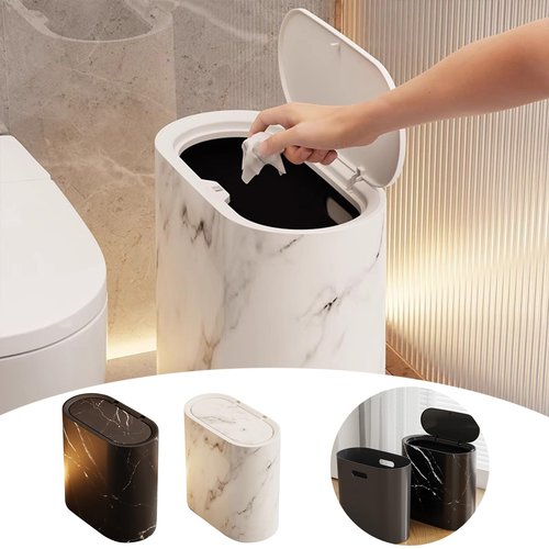 Wastebaskets, Bathroom Trashcans, Plastic Trash Can with Top Lid, Small Garbage Bin for Bathroom, Narrow Wastebasket, Modern Waste Basket for Home Indoor Hotel Kitchen Office (White)