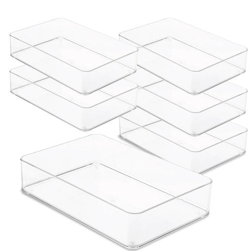 primebox Plastic Clear Drawer Organizers. Bathroom. Kitchen, Bedroom, Utensils, Office Organizer Bins, Storage Trays. Stackable. 9" x 6" x 2" Set of 6