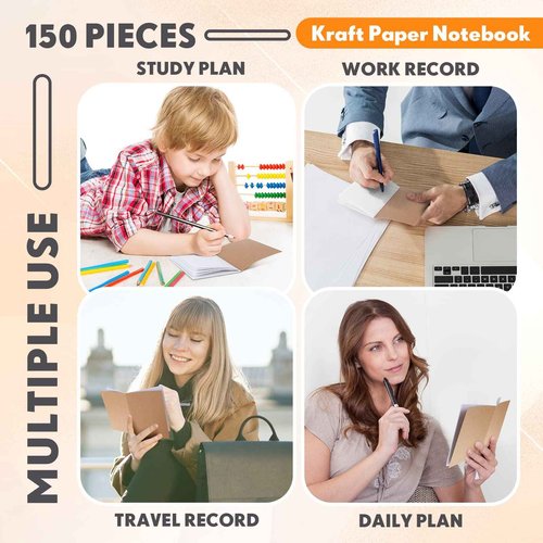 Handepo 150 Pack A6 Kraft Paper Notebooks Blank Page Mini Notebooks Bulk Sewn Travel Journal Kraft Pocket Memo Pad Unlined Subject Notepads for Travelers Students Classroom School Supplies(Brown)