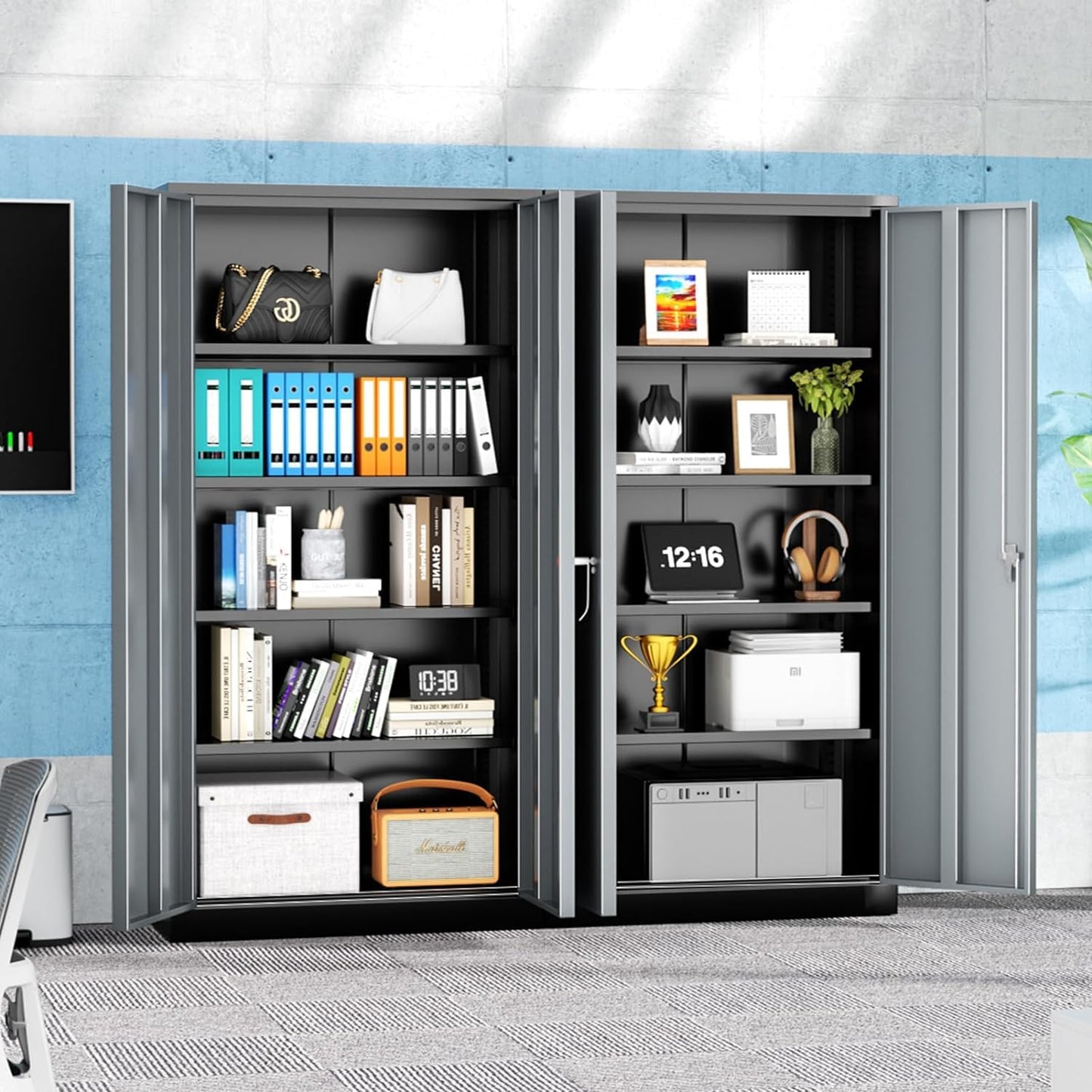 INTERGREAT Metal Storage Cabinet with Lock,72" Tall Steel Cabinets with 2 Doors and 4 Adjustable Shelves,Lockable Steel Storage for Home Office, Garage, Warehouse (Black Grey)