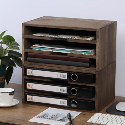 DDYURI 3-Tier Paper Storage Letter Tray File Sorter - Wood Desktop Document Organizer Holders with Mail Sorter, School & Home Magazine File Dividers for Office Accessories Dark(SJ3K-DK)