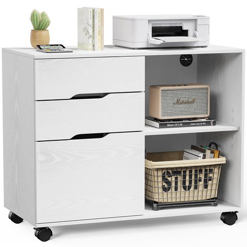 Sweetcrispy 3-Drawer File Cabinet, Lateral Mobile Filing Under Desk Storage Organizer with Wheels, Wood Printer Stand & Open Shelves for Home Office Organization - Natural White