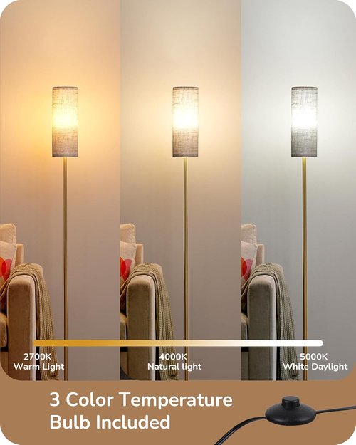 EDISHINE Floor Lamp - 63.7in Minimalist Standing Light with Foot Pedal Switch | 3 Color Temperatures, Gold