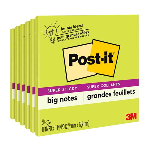 Post-it Super Sticky Big Notes, 11 in x 11 in, 1 Pad, 2X The Sticking Power, Neon Green (BN11G) (Pack of 6)
