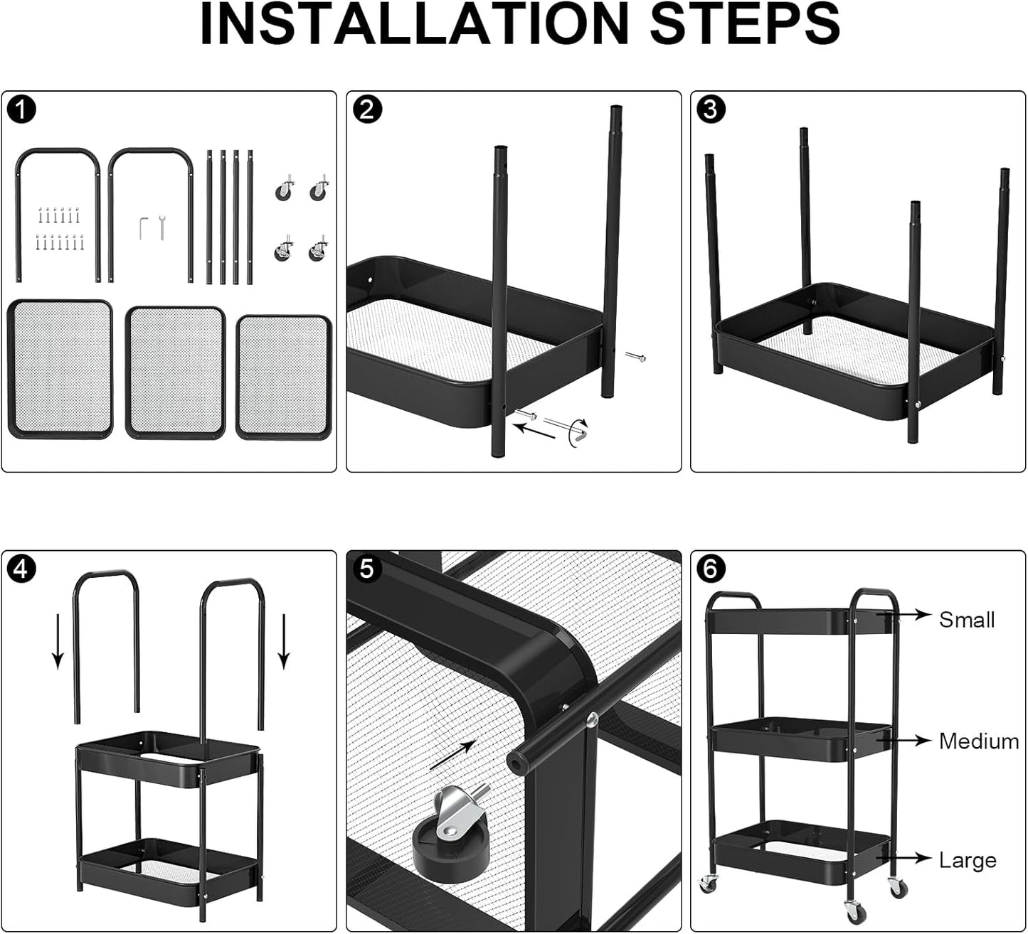 3-Tier Rolling Metal Storage Cart - Multi-Functional Organizer with Wheels for Office, Kitchen, Bathroom | Easy Assembly (Black)